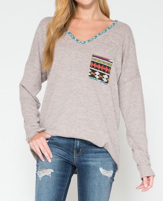 Solid Crisscross V-back Top With Aztec Print Trim