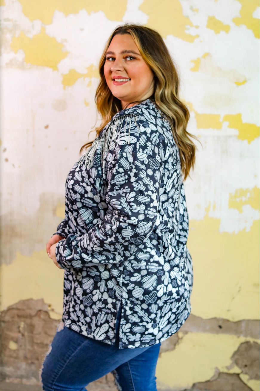 Rhinestone Fringe Ink Cacti Top