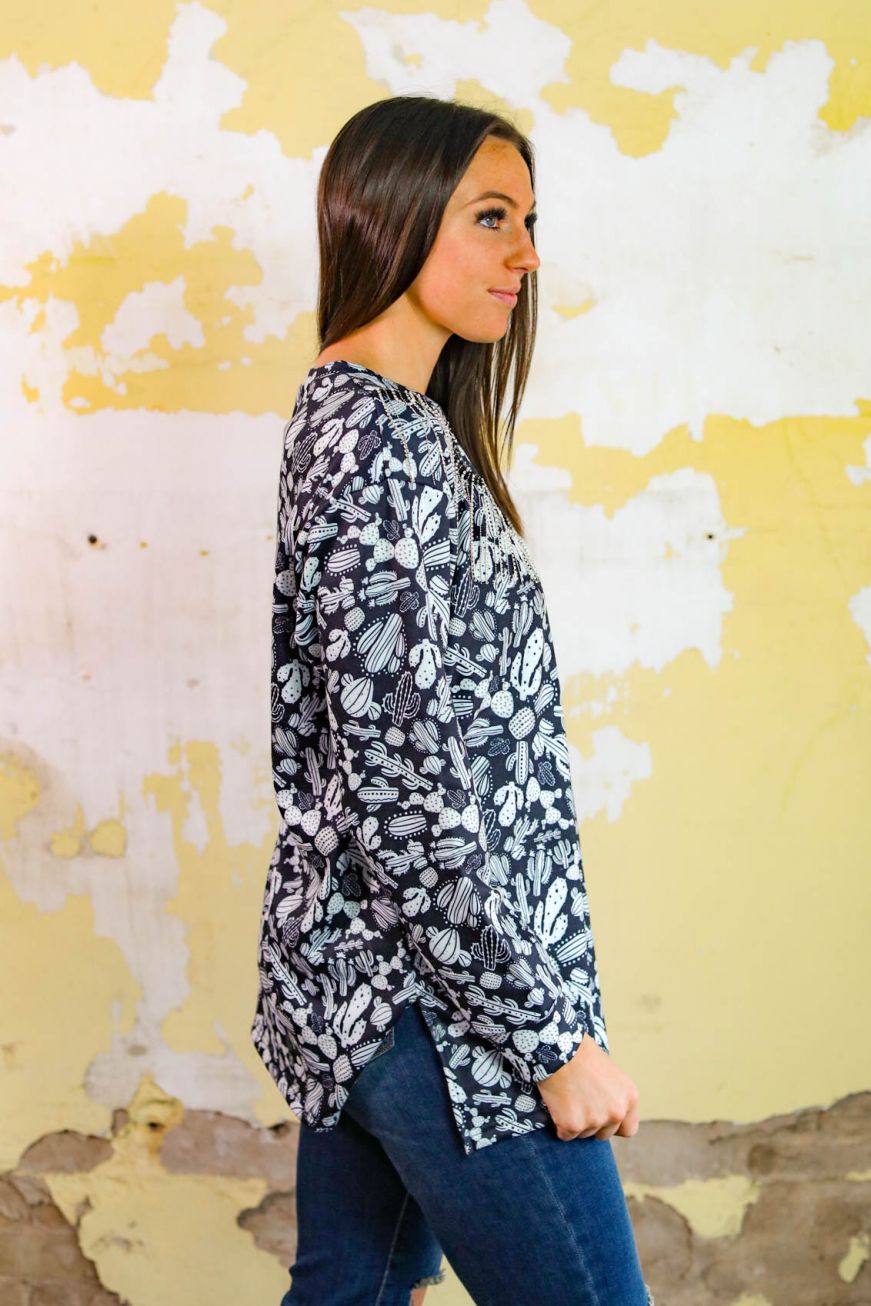 Rhinestone Fringe Ink Cacti Top