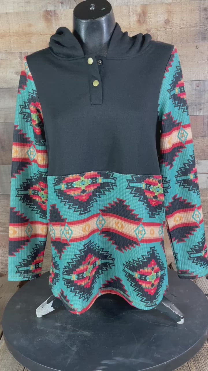 Black & Turquoise Aztec Snap Front Hoodie