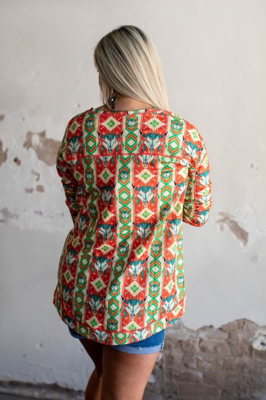 Rustic Cow Skull Aztec Slit Top