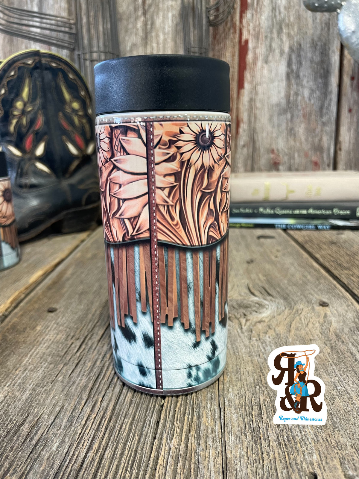 Tooled Leather, Fringe &amp; Cowhide Skinny Can Cooler