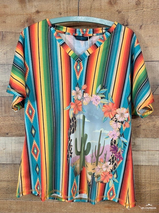 Cactus Flower Serape Aztec V Neck Shirt