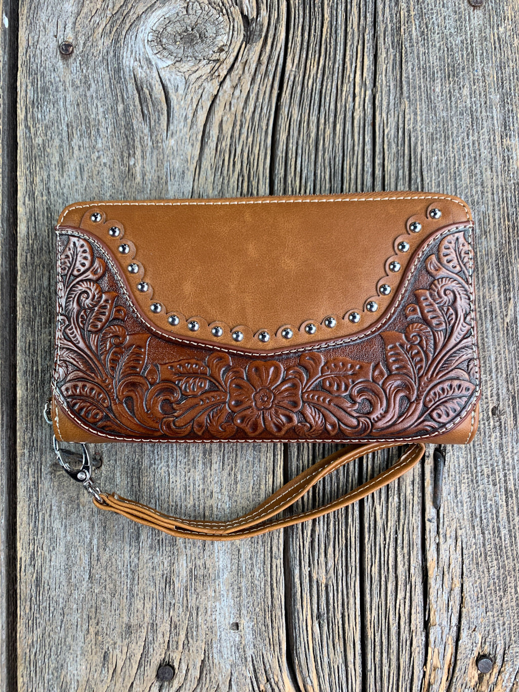 Tooled Leather Studded Wristlet/Wallet