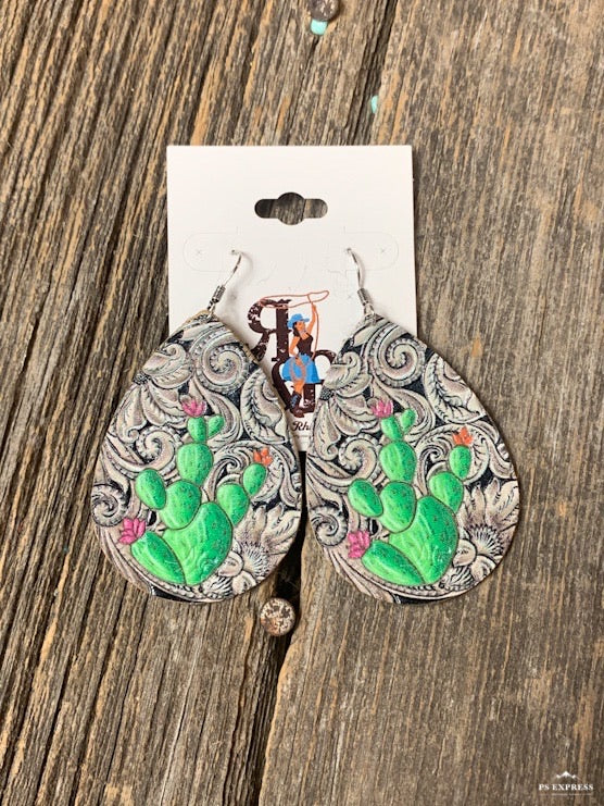Tooled Leather & Cactus Earrings