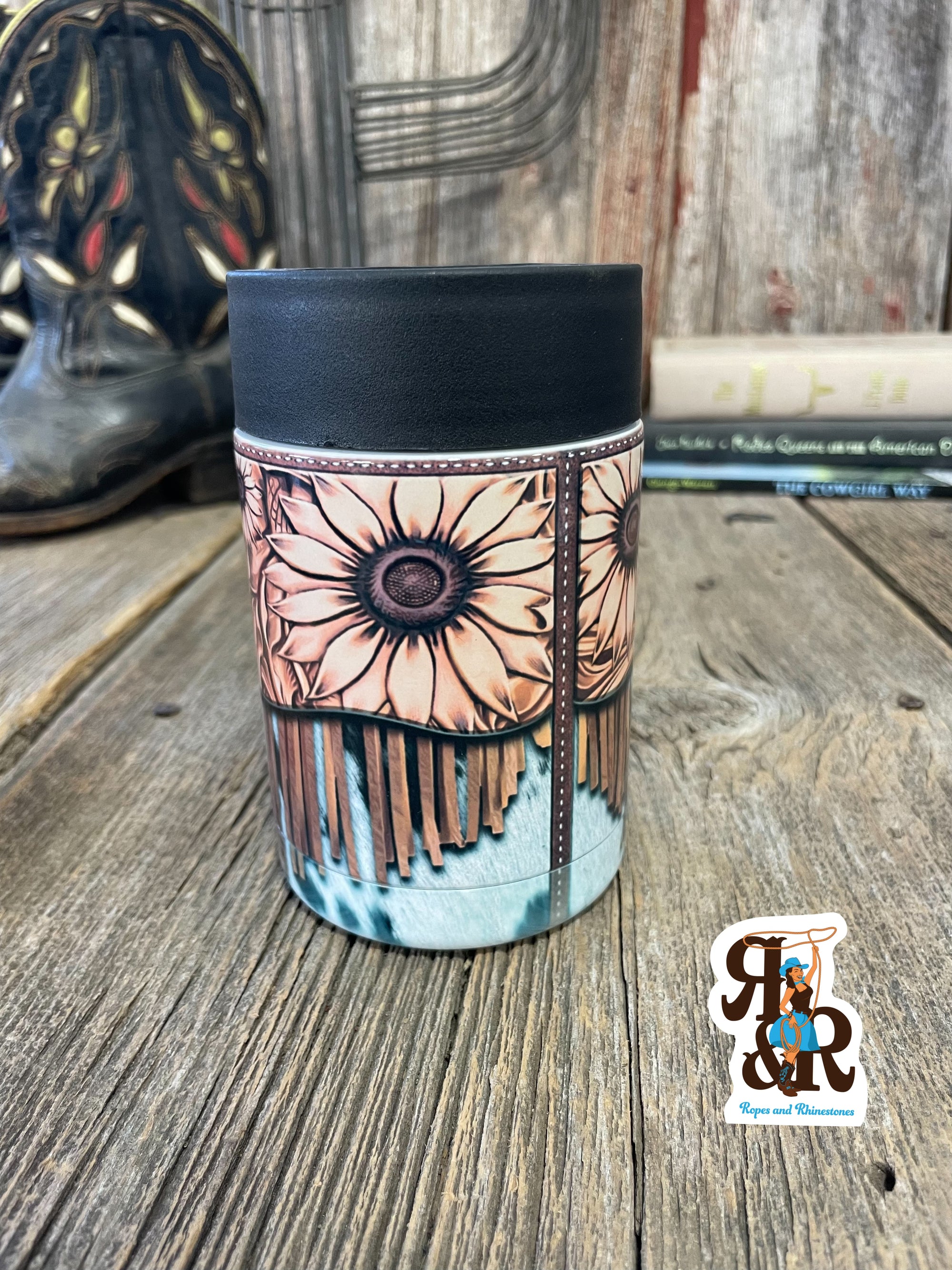 Tooled Leather, Fringe & Cowhide Can Cooler