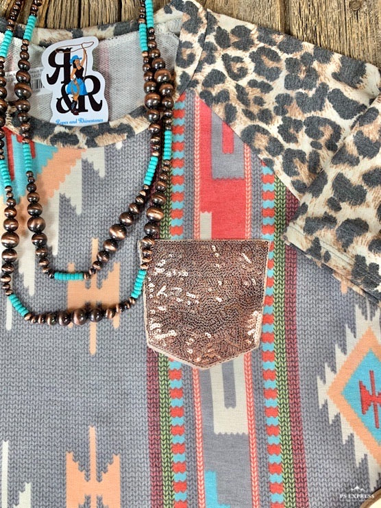 Aztec & Leopard Sequin Pocket Tee