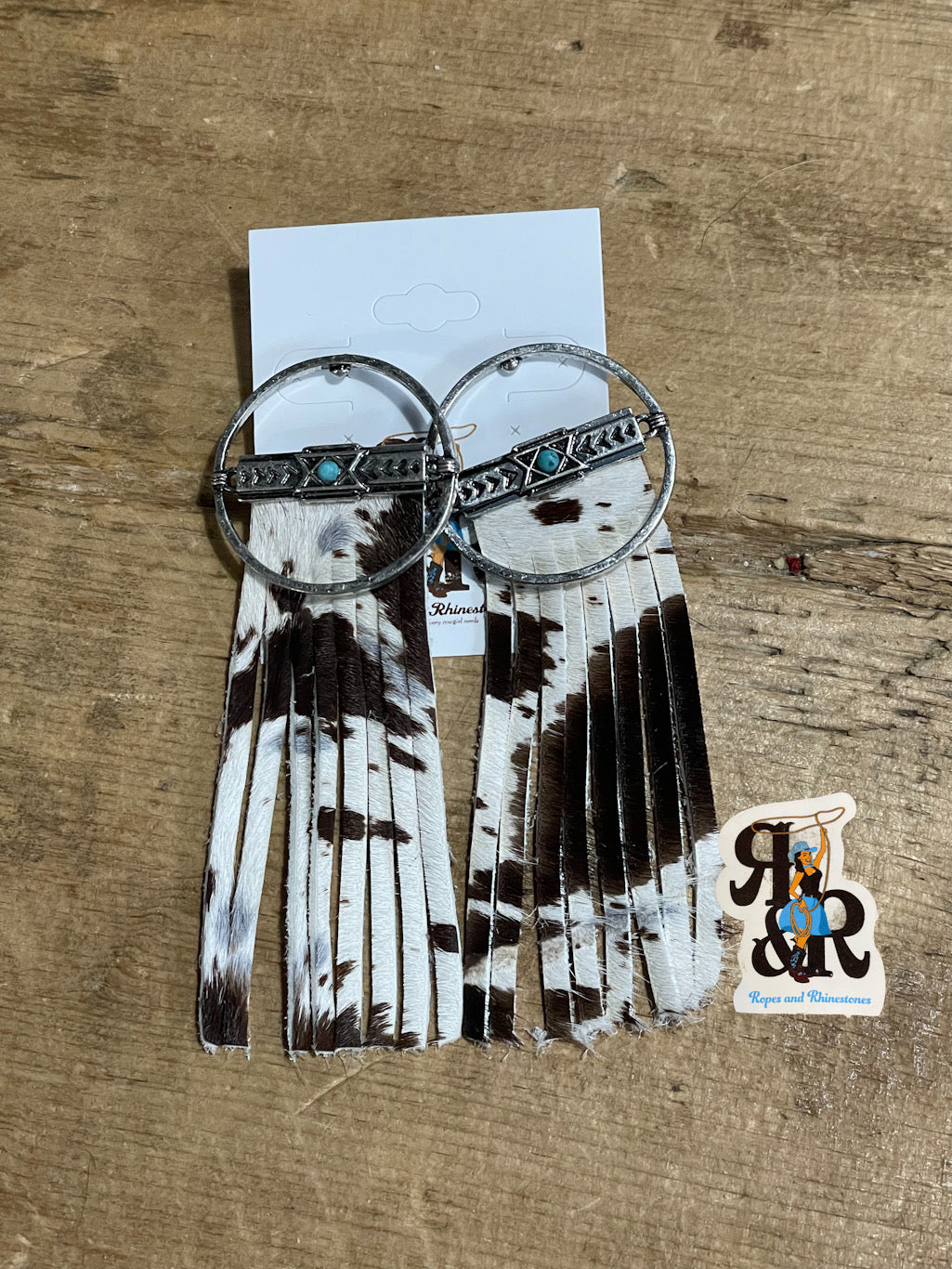 Cowhide Aztec Circle Earrings