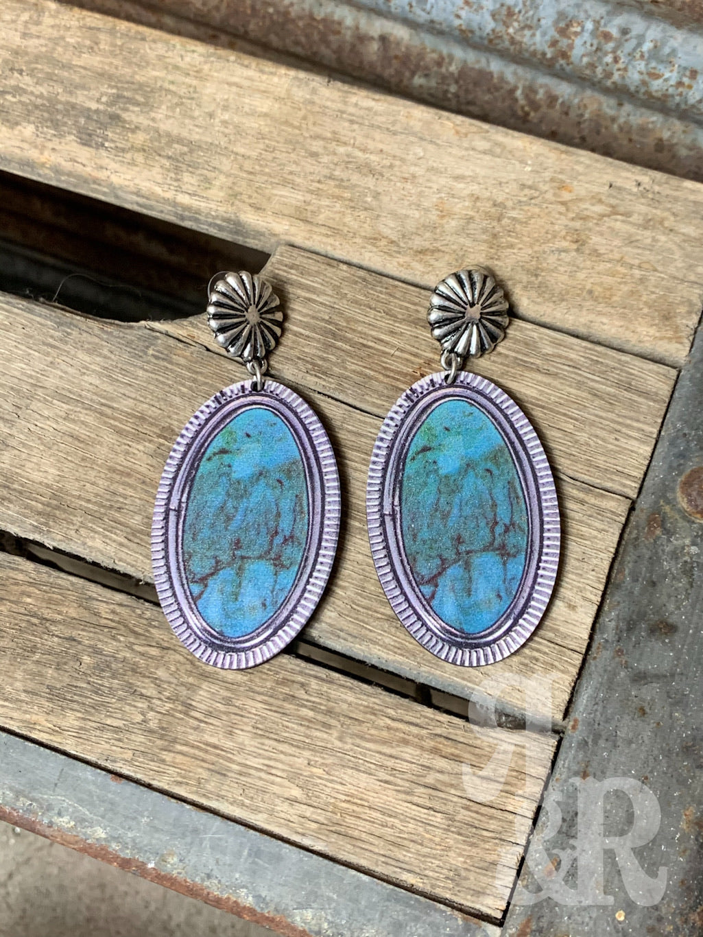 Oval Wood Turquoise Earrings