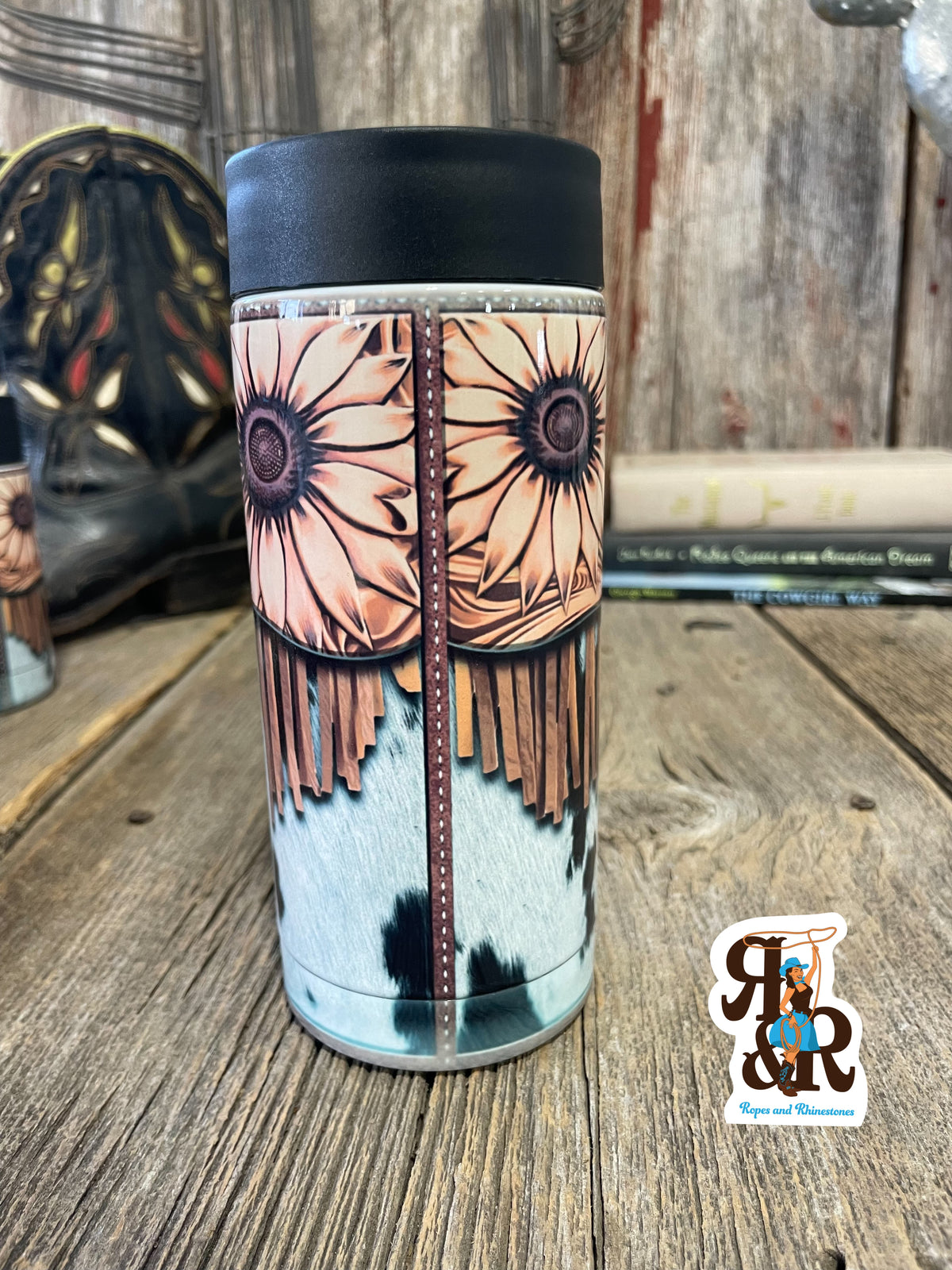Tooled Leather, Fringe &amp; Cowhide Skinny Can Cooler