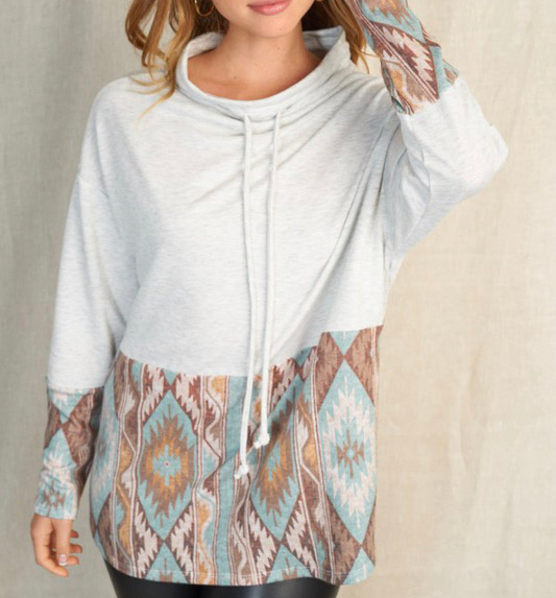 Blue Aztec Cowl Neck Top