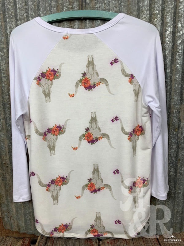 Cow Skull &amp; Flower Baseball Shirt