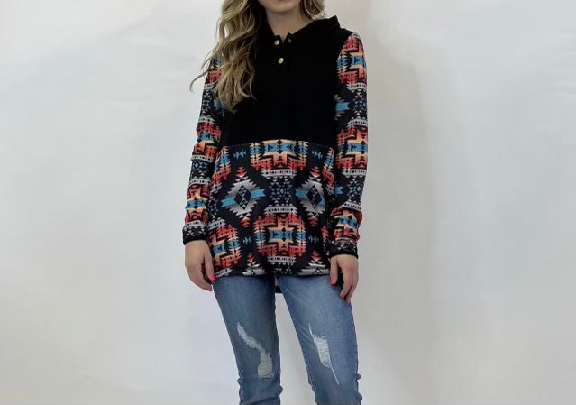 Black &amp; Turquoise Aztec Snap Front Hoodie
