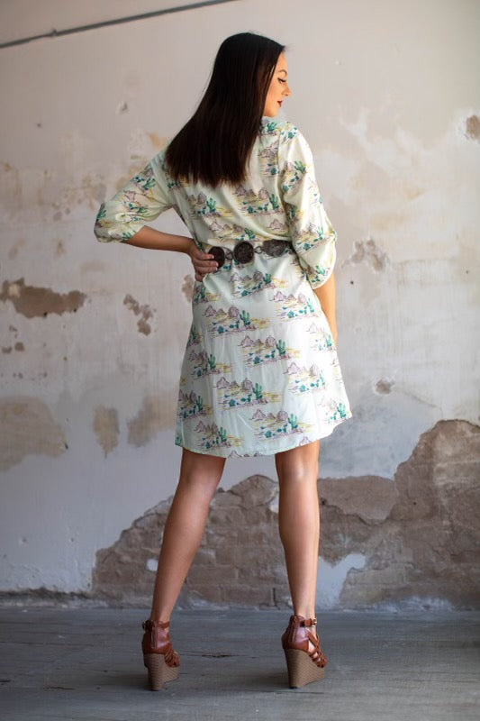 Desert art scene oversized collared shirt dress