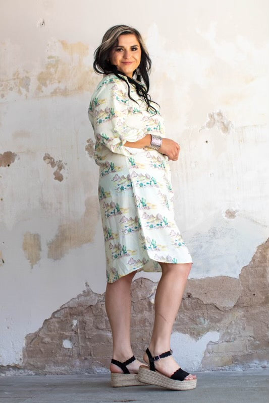 Desert art scene oversized collared shirt dress