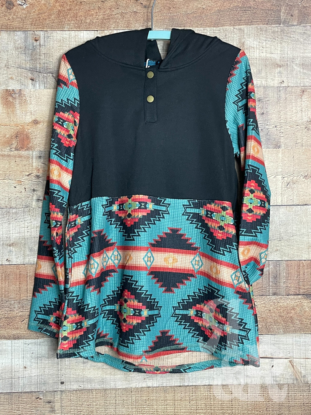 Black & Turquoise Aztec Snap Front Hoodie