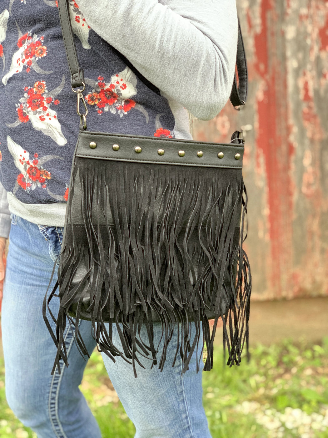 Wrangler Leather Fringe Jean Denim Pocket Crossbody Bag – Montana West World