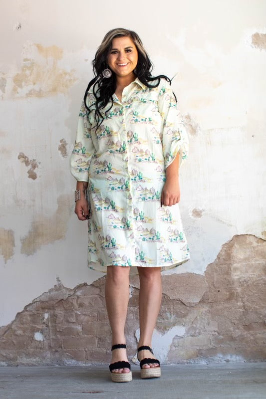 Desert art scene oversized collared shirt dress
