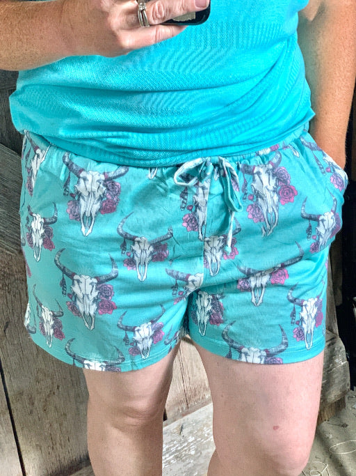 Cow Skull Turquoise Shorts