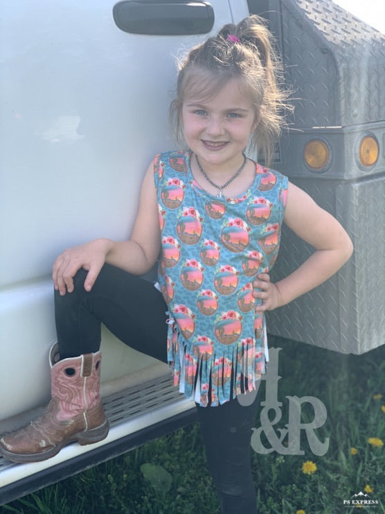 Sunset Cactus Blue Leopard Girls Fringe Top