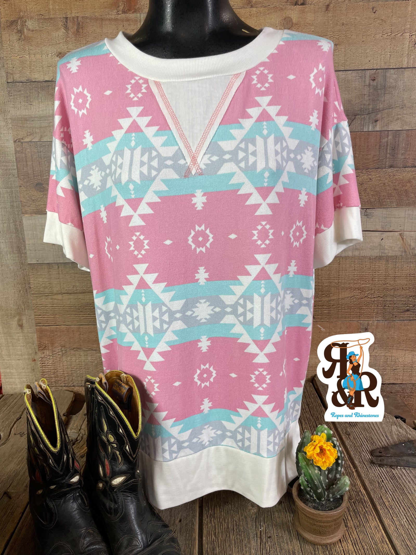 Mint/Pink Aztec Short Sleeve Top