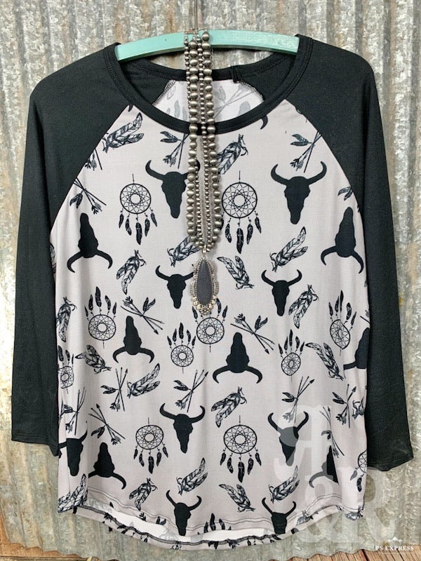 Cow Skull &amp; Dream Catcher Baseball Shirt