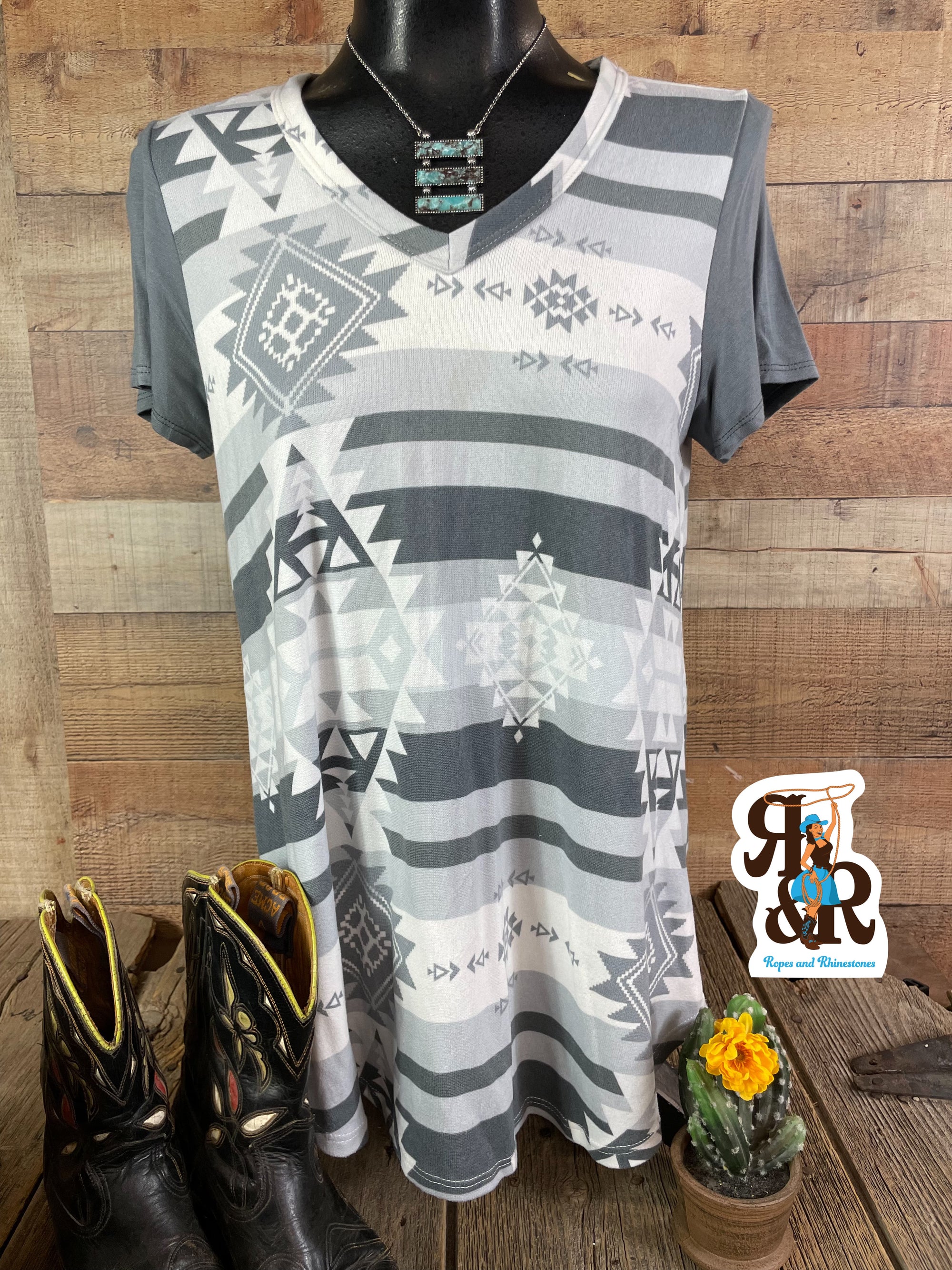 Charcoal/White Aztec Short Sleeve Top