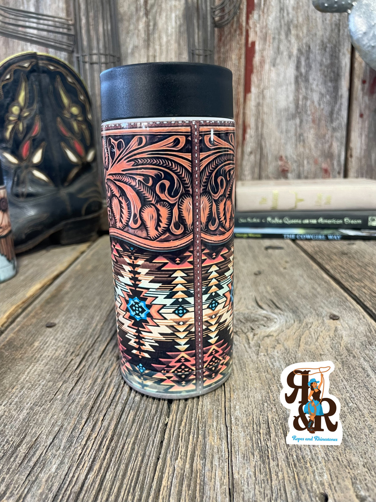 Tooled Leather &amp; Aztec Skinny Can Cooler