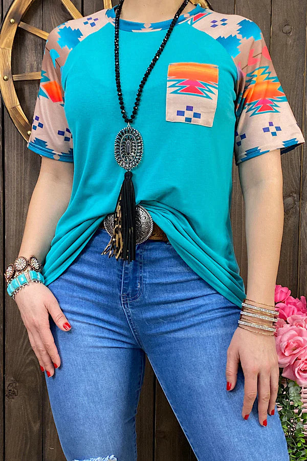 Teal Aztec Printed Short Sleeve Top