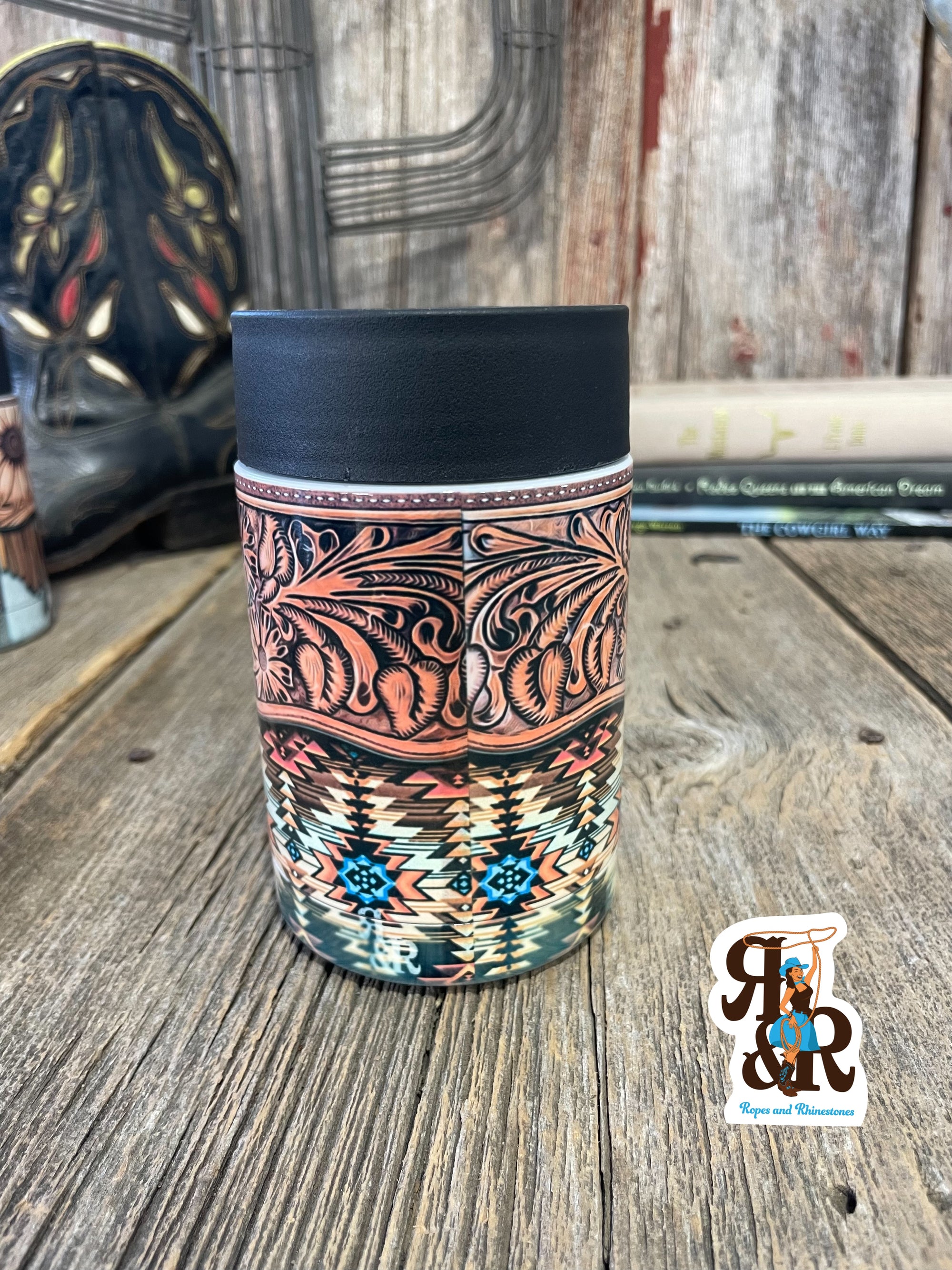 Tooled Leather & Aztec Can Cooler