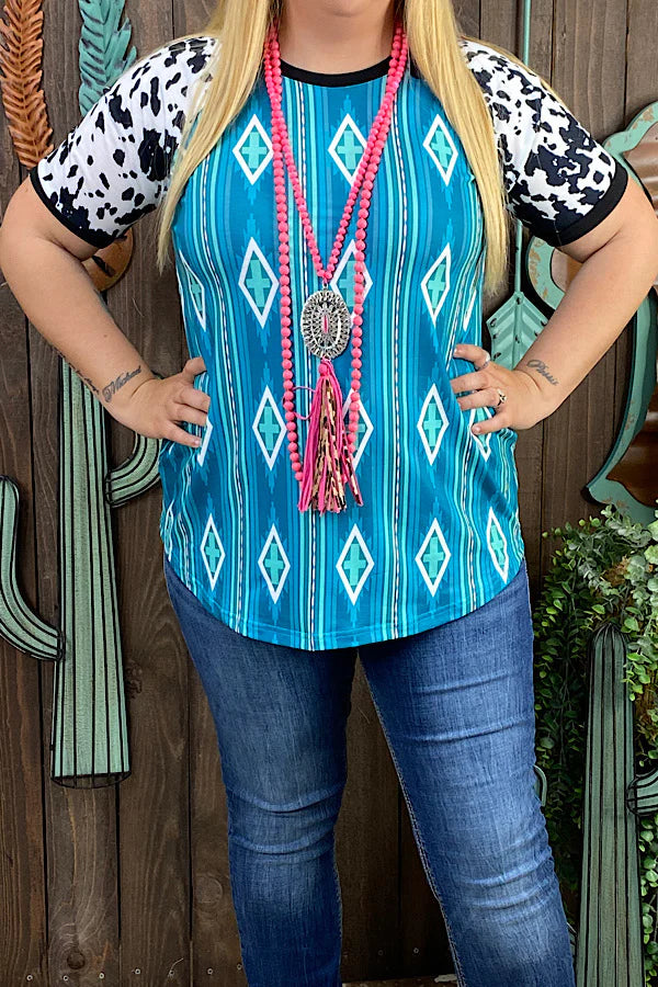 Blue Aztec & Cow Print Short Sleeve Top