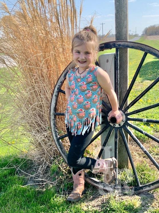 Sunset Cactus Blue Leopard Girls Fringe Top