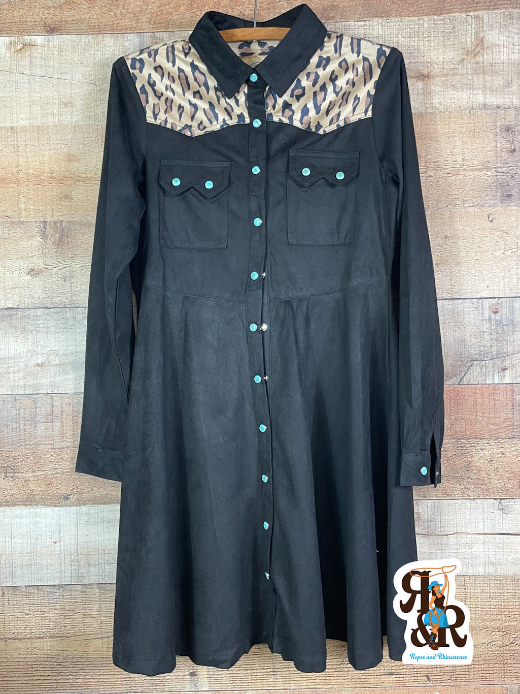 Black Leopard Snap Front Dress