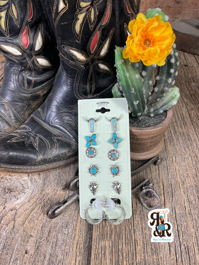 6 pair earring set cow skulls/arrowheads