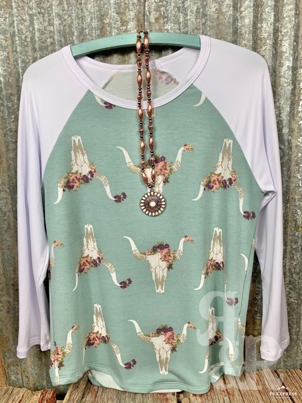 Cow Skull & Flower Baseball Shirt