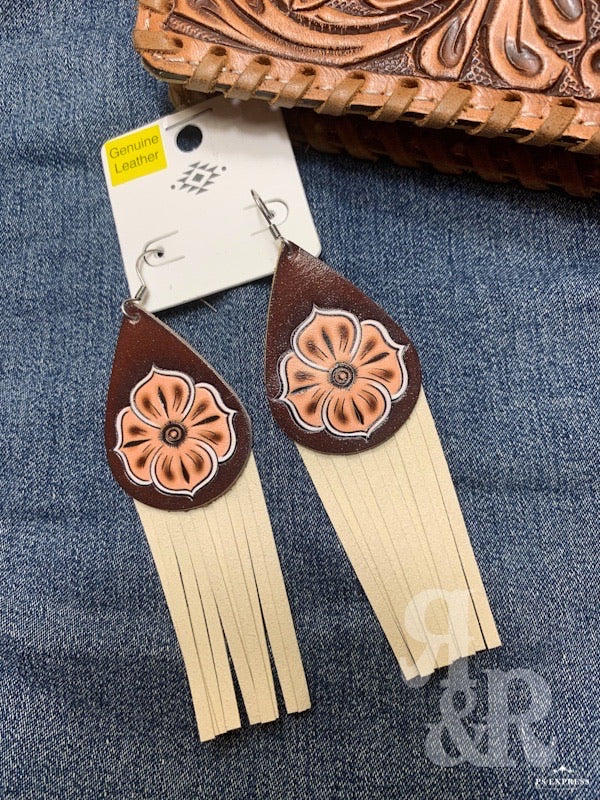 Leather Floral Earrings With Fringe