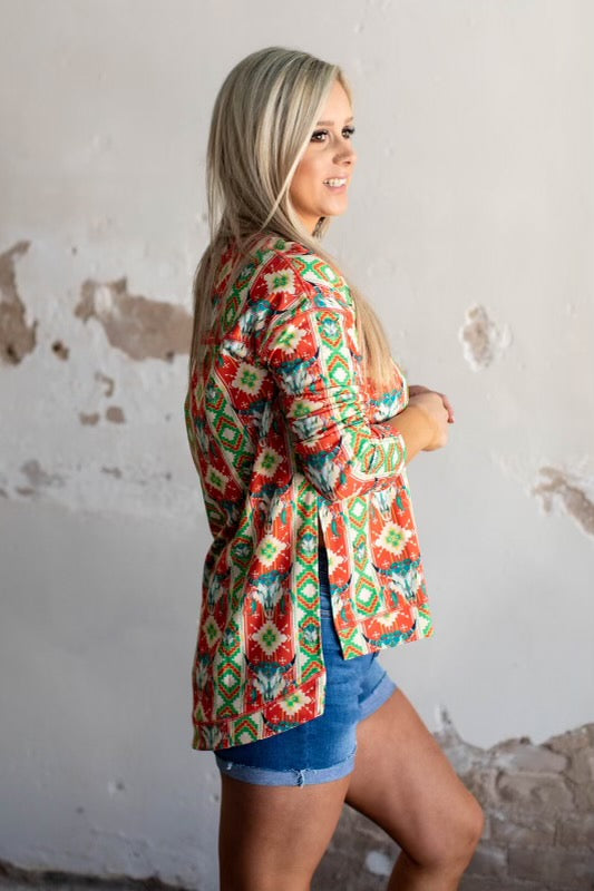 Rustic Cow Skull Aztec Slit Top