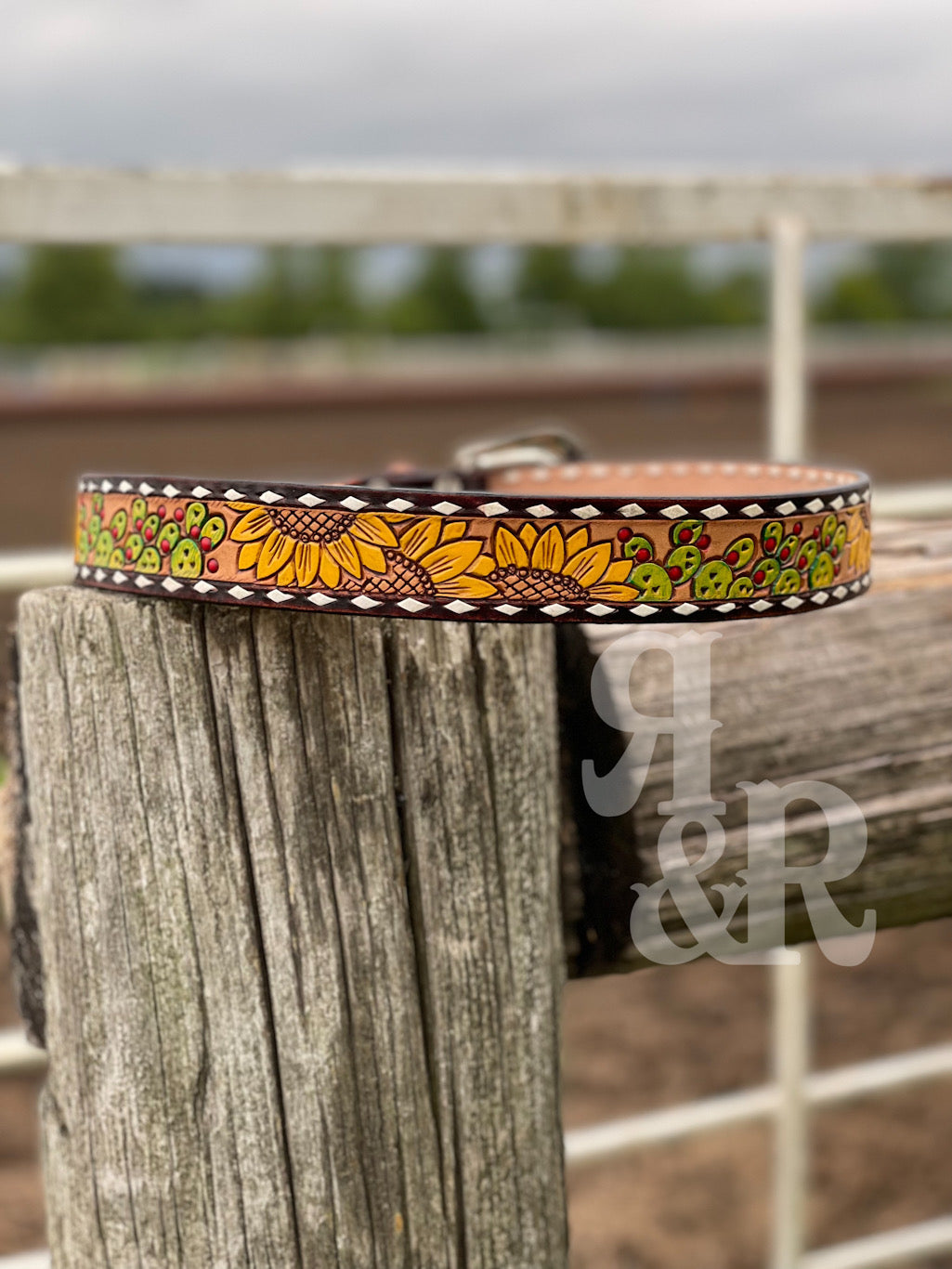 Sunflower Cactus Tooled Buckstitch Leather Belt