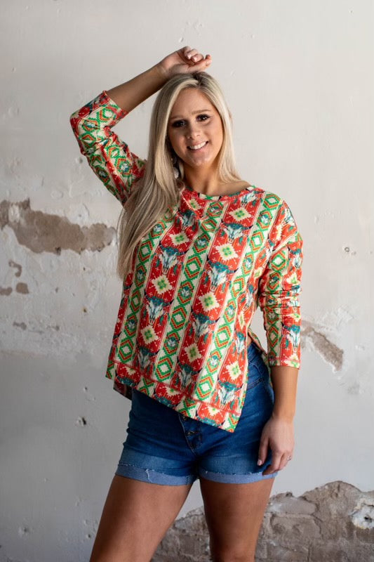 Rustic Cow Skull Aztec Slit Top