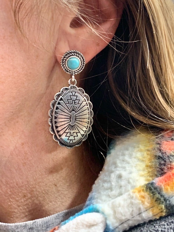Aztec Oval Concho & Stone Earrings