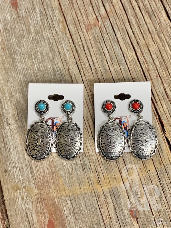 Aztec Oval Concho & Stone Earrings
