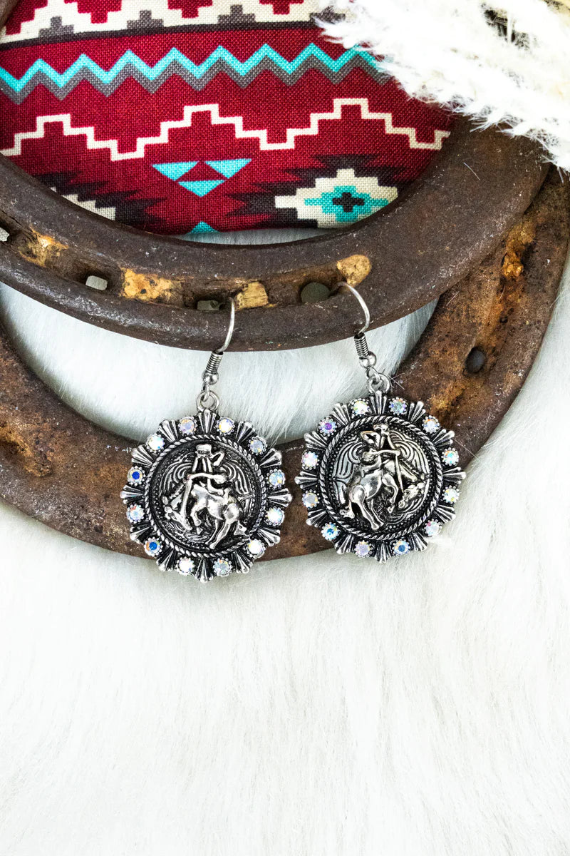 Bucking Bronco Crystal Silvertone Earrings