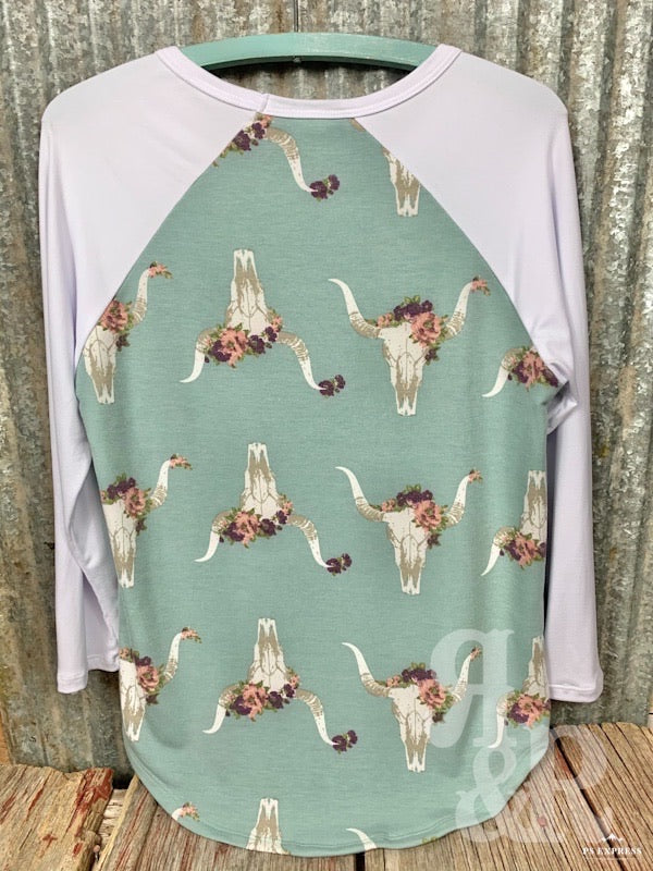 Cow Skull &amp; Flower Baseball Shirt