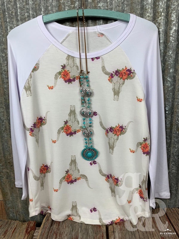 Cow Skull &amp; Flower Baseball Shirt