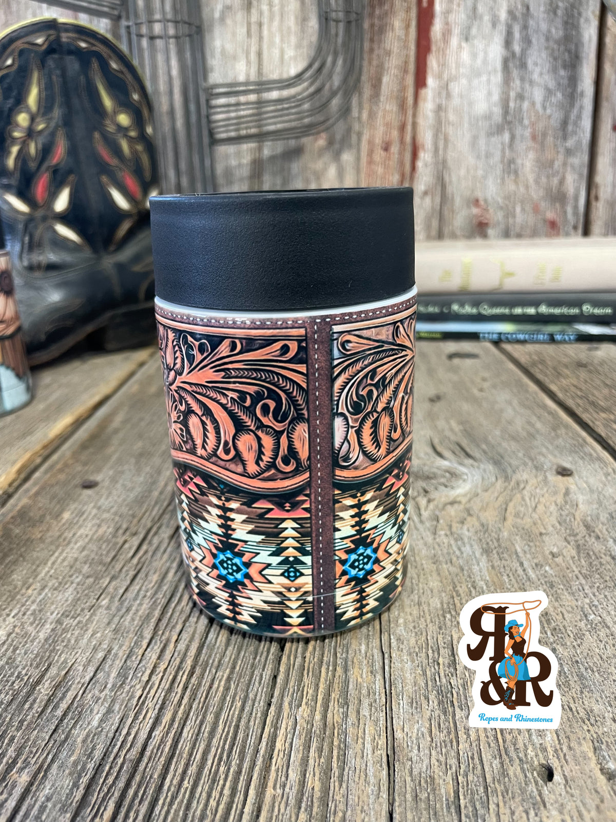 Tooled Leather &amp; Aztec Can Cooler
