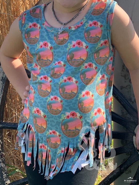 Sunset Cactus Blue Leopard Girls Fringe Top
