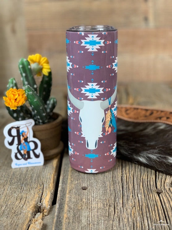 Feather Cow Skull & Aztec Tumbler