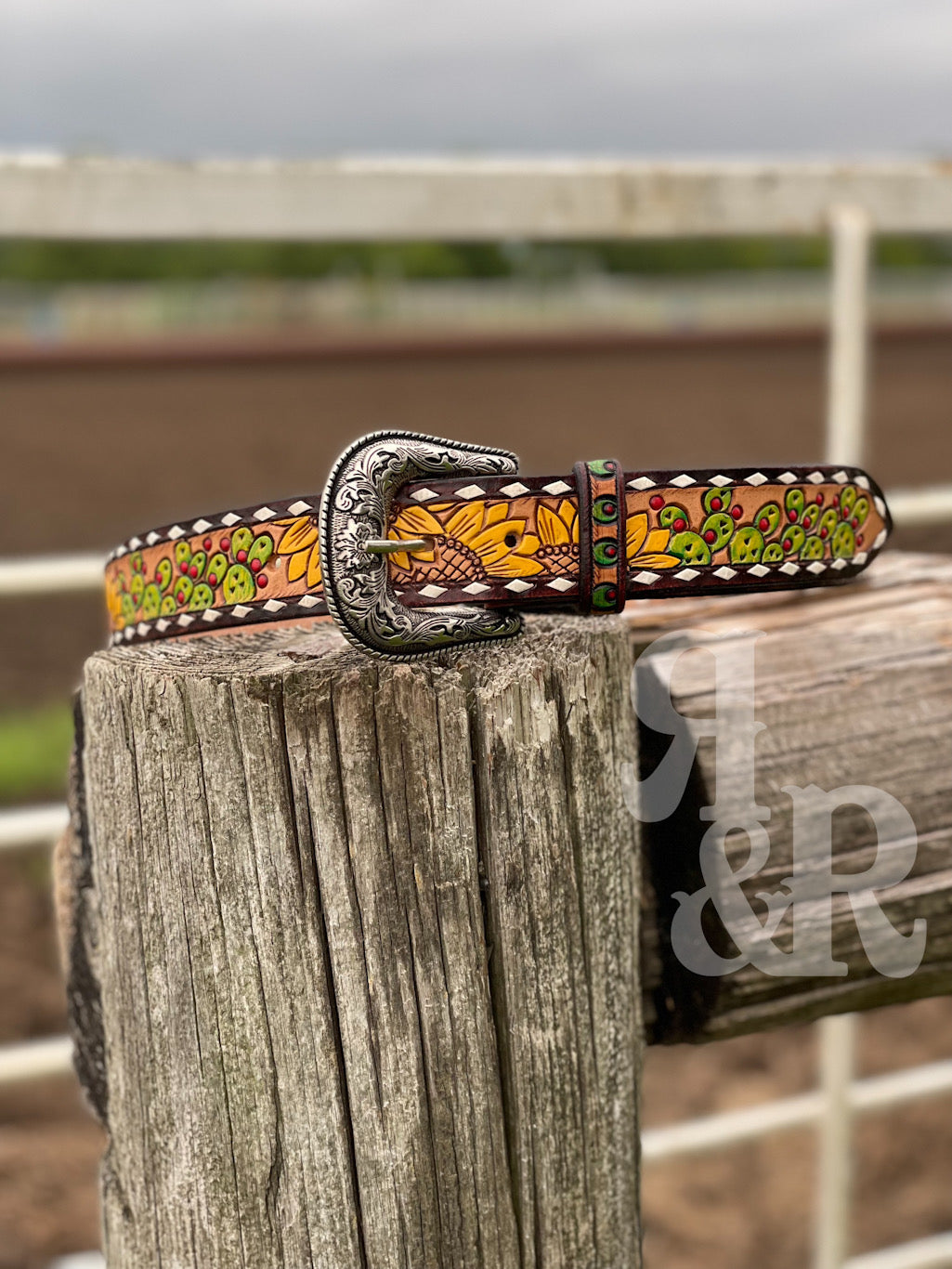 Sunflower Cactus Tooled Buckstitch Leather Belt
