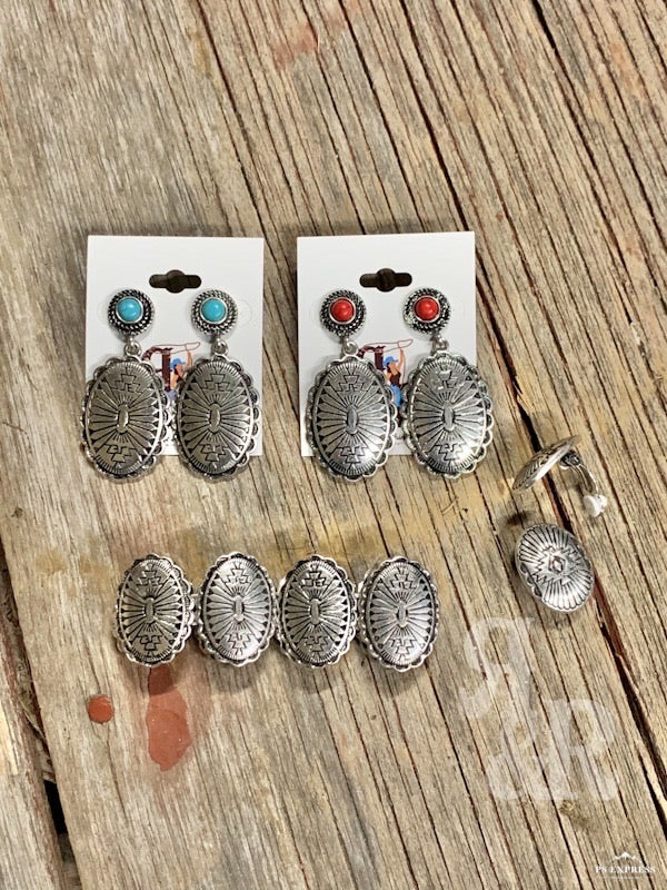 Aztec Oval Concho &amp; Stone Earrings