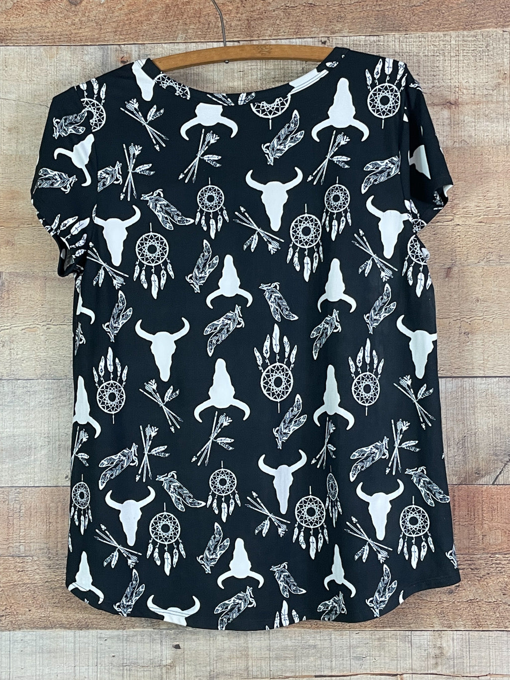 Western Print Black Short Sleeve Top